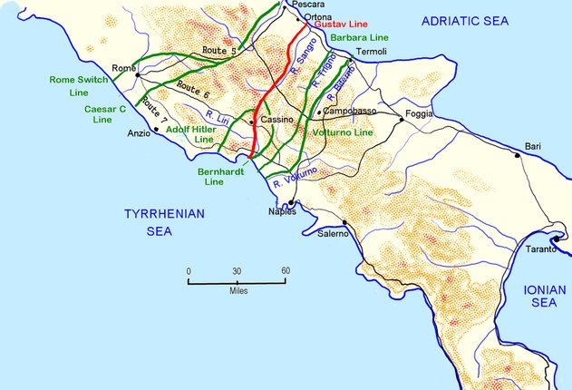 Kort over tyske forsvarslinjer syd for Rom.