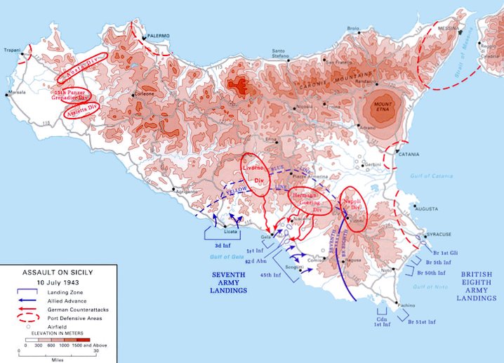 Kort over de allieredes landsætninger på Sicilien den 10. juli 1943